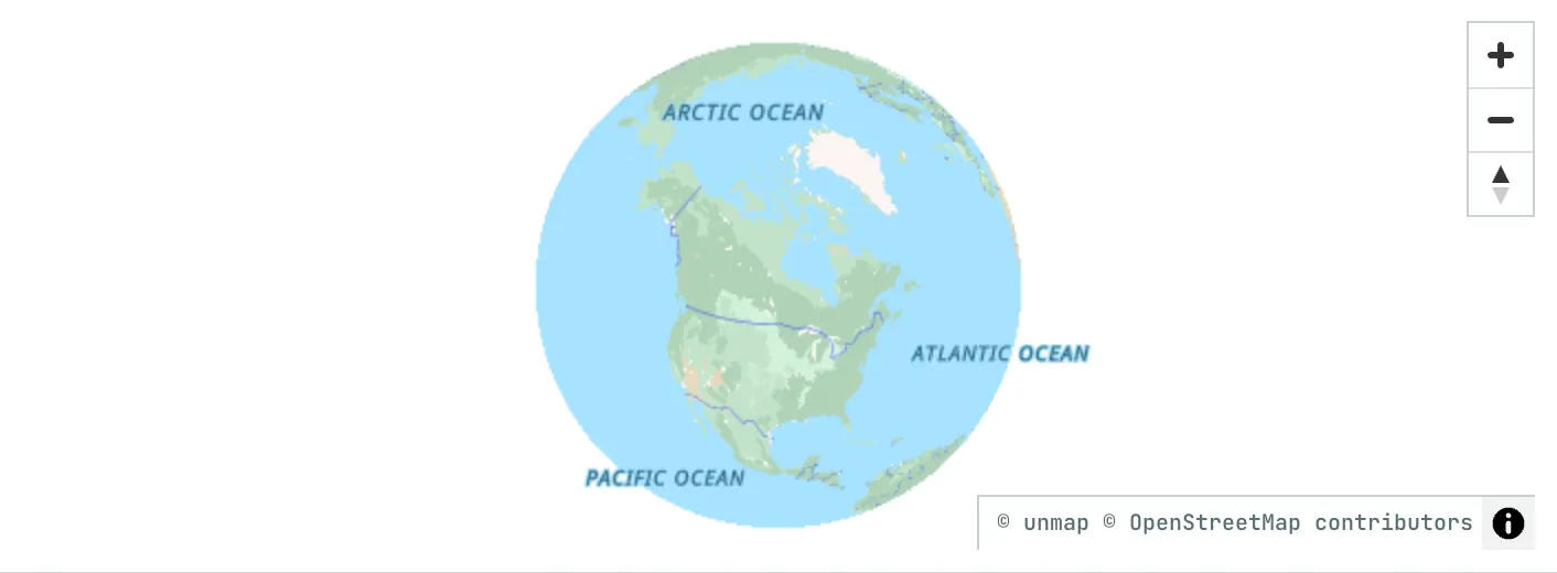 Globe projection centred on Canada, with empty ocean outside the tile archive.