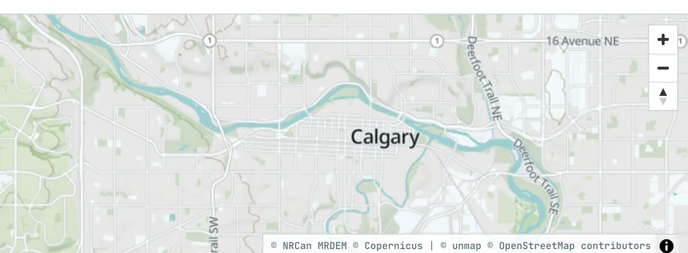 Outdoor map of Calgary with hillshade and contour lines.