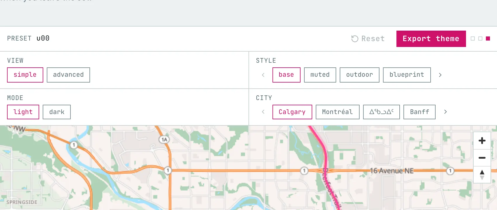Theme builder preview of a light map with land, water, and roads.